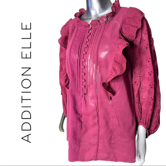 Addition Elle Tops - AE Boho Top Eyelet Sleeve and  Trim Pintuck Front Detail Plum Size 2X
